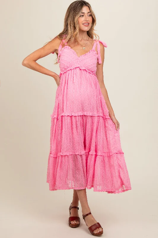 Pink Textured Tie Strap Tiered Maternity Midi Dress