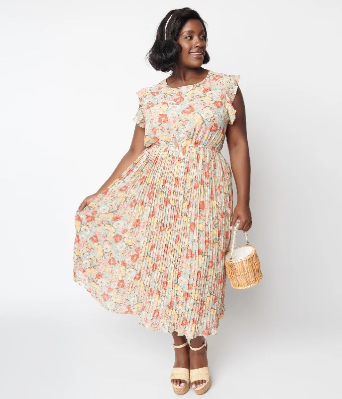 Sage Floral Pleated Midi Dress