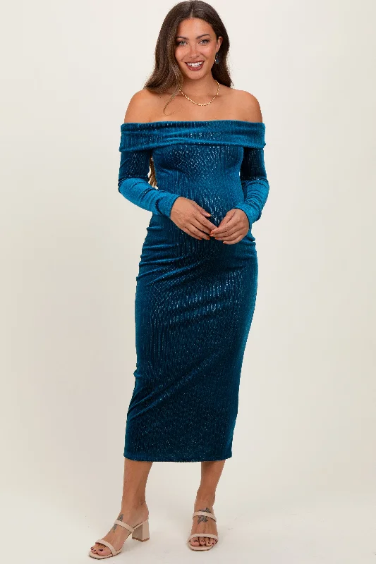 Teal Shiny Velour Off Shoulder Maternity Midi Dress