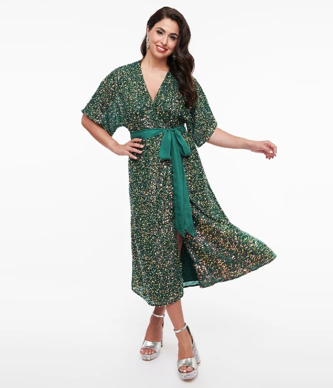 Unique Vintage 1960s Green Sequin Wrap Midi Dress