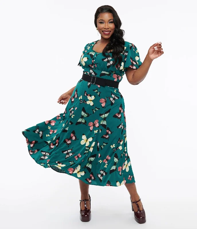 Unique Vintage Plus Size 1940s Green Butterfly Print Midi Dress