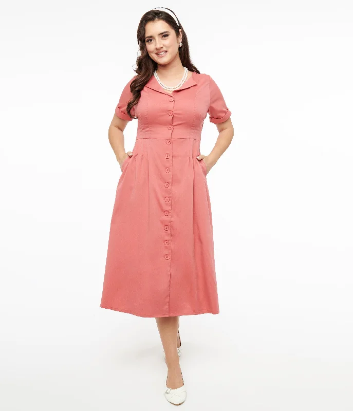 Voodoo Vixen 1940s Pink Midi Shirt Dress